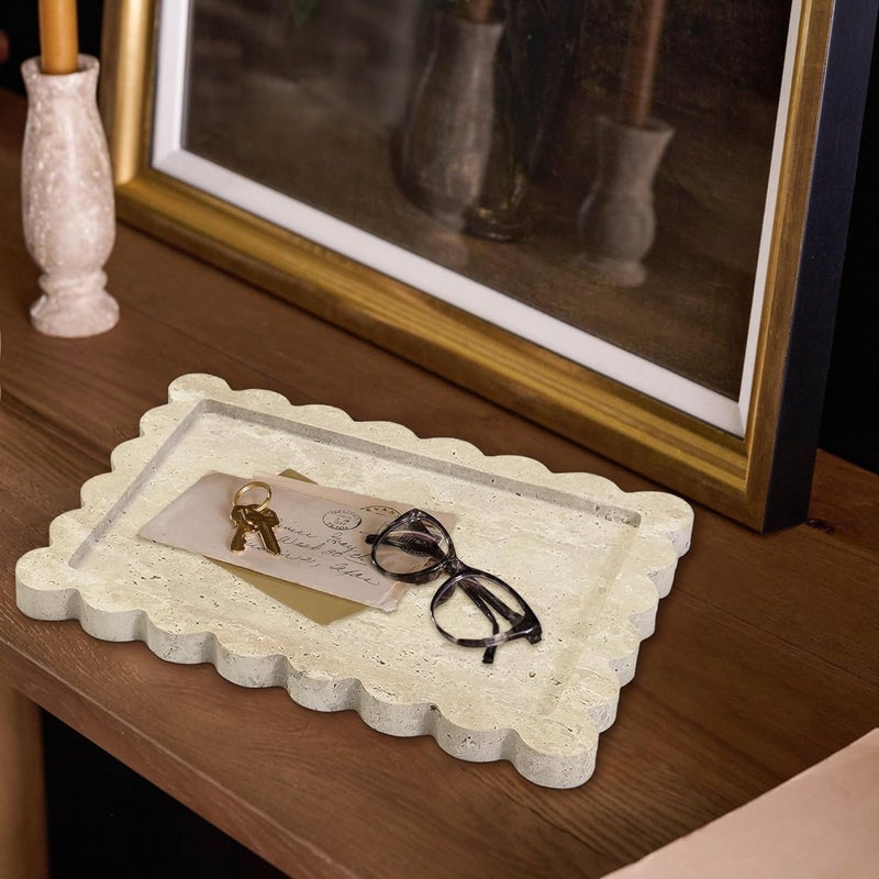 PROLEE Scalloped Marble Tray,Marble Vanity Trays for Bathroom 12" x 9", Scalloped Tray,Wave Appearance Jewelry Home Decor Stone Trays for Kitchen Counter, Bathroom, Beige Travertine - Image 2